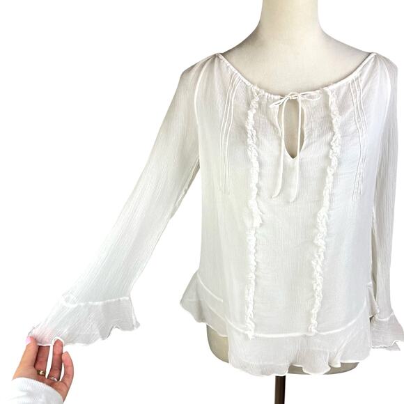 Diane Von Furstenberg Sheer Silk Long Sleeve Tie Up Keyhole Neck Blouse - Picture 7 of 14